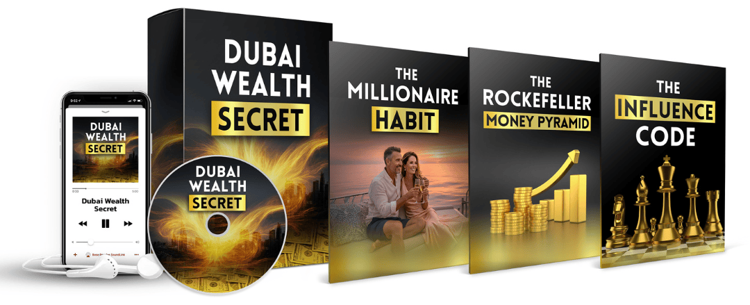Full Dubai Wealth Secret bundle audio track, product box, CD, and the three bonus guide covers side by side